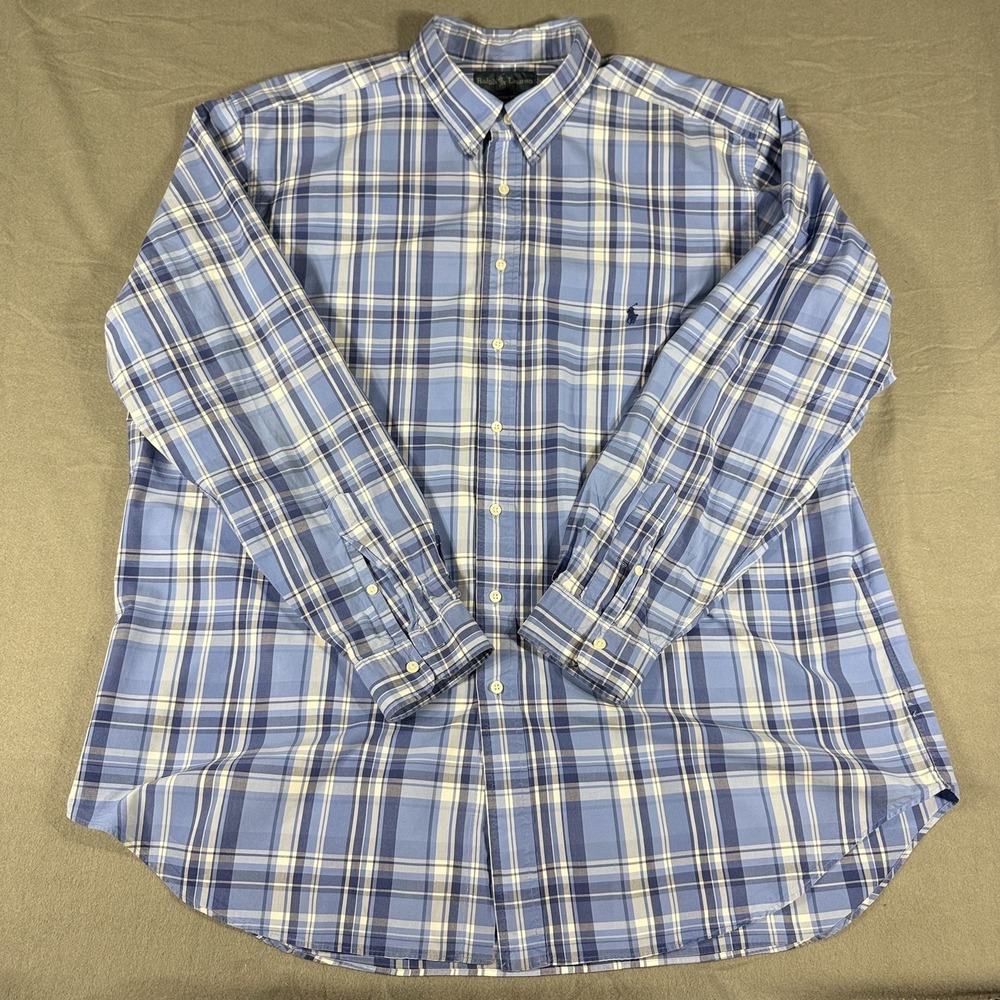 Ralph Lauren Shirt Mens 2XLT Blue Plaid Button Down Big Tall Blu Pony